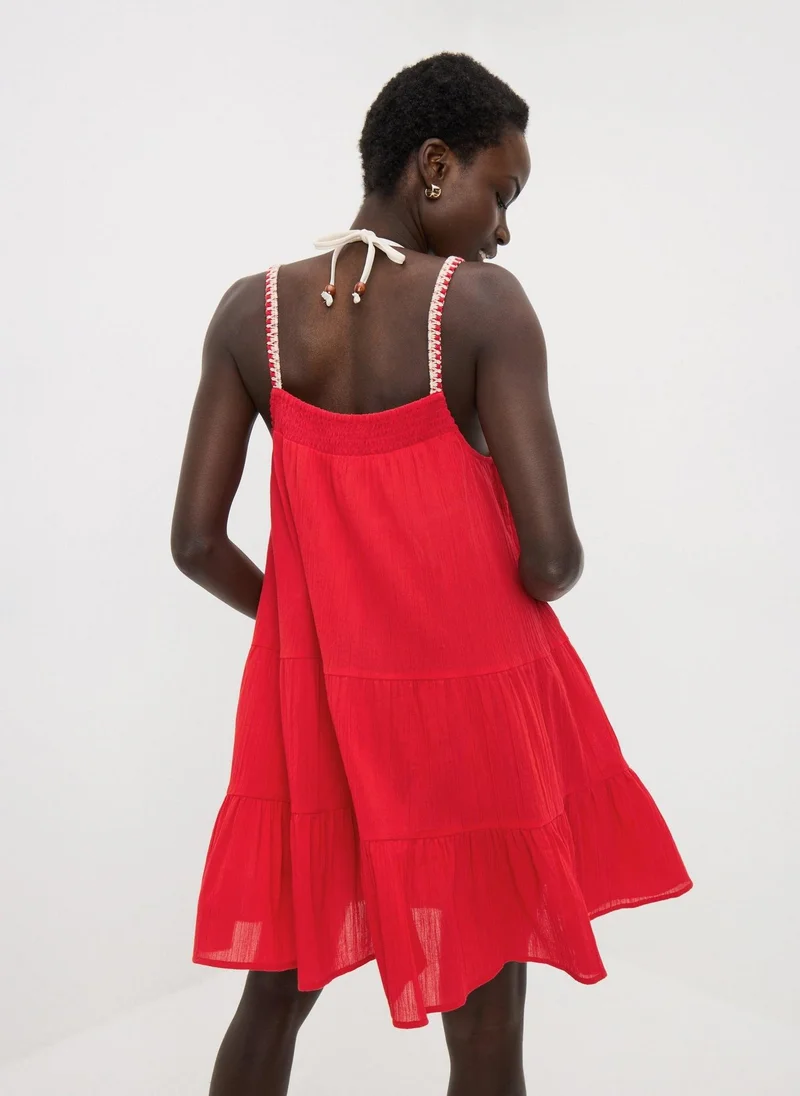 ماتلان Red Crochet Trim Tiered Beach Dress